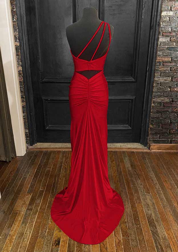 One-Shoulder Sleeveless Jersey Long/Floor-Length Prom Dress With Pleated Split